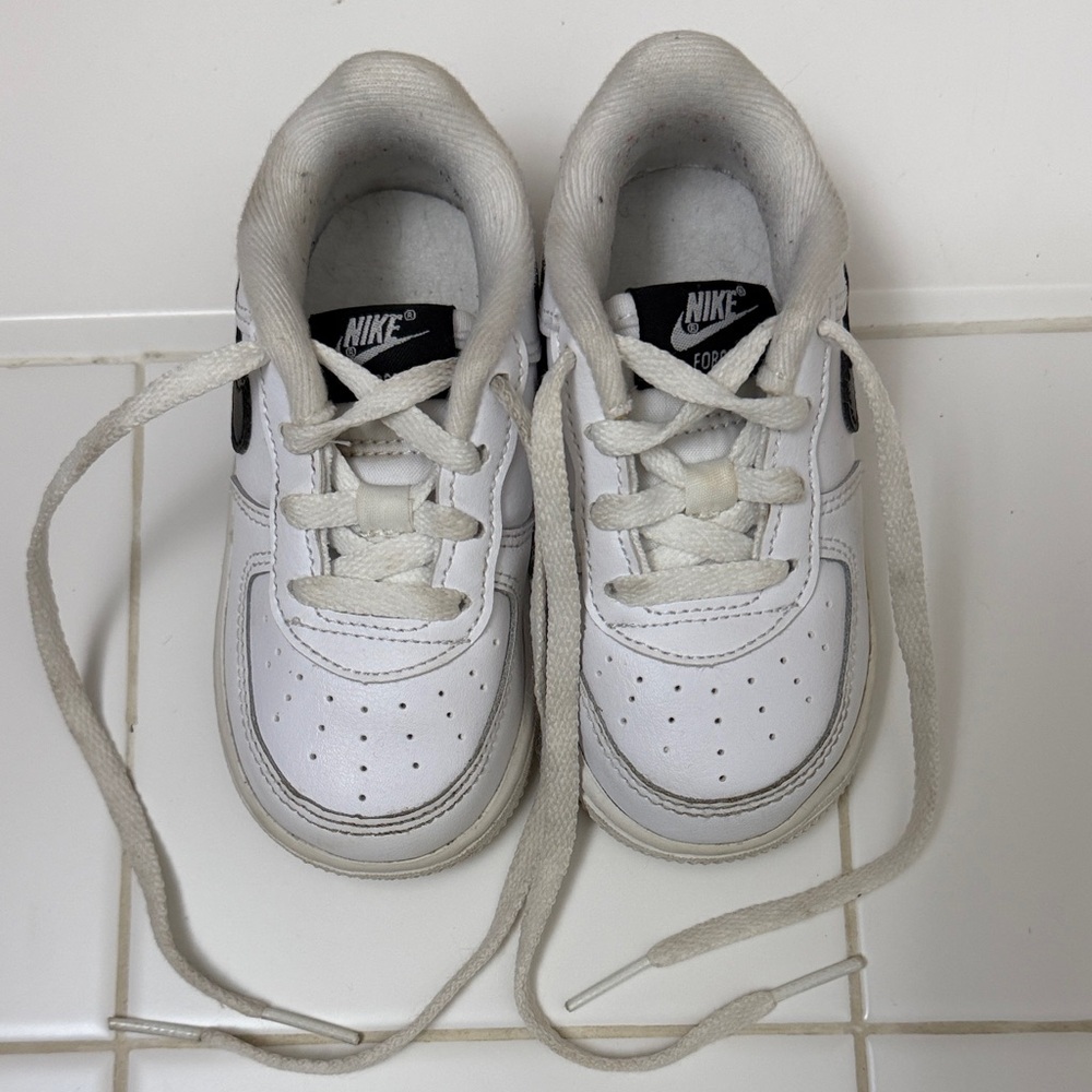 Nike Force 1 Low Toddler White Sneakers with Black Swoosh